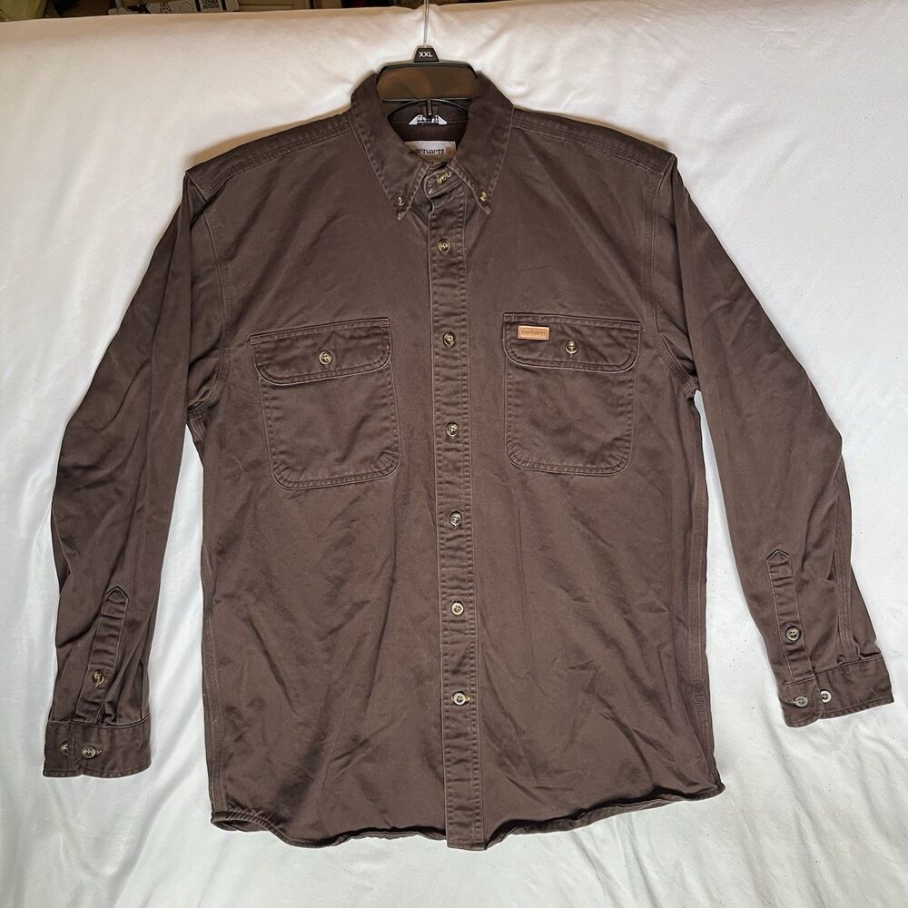 Carhartt Mens M Long Sleeve Oakman Sandstone Twill Button Down Work Shirt Brown